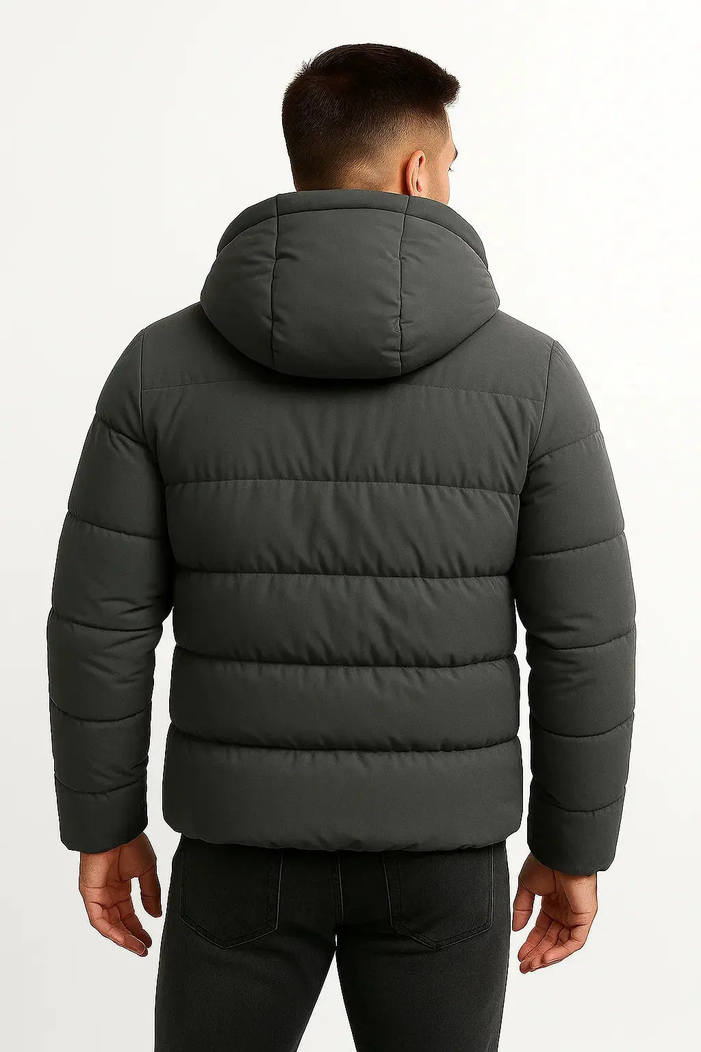 Stylish black men's puffer jacket, warm and hooded, perfect for cold weather and outdoor gear.