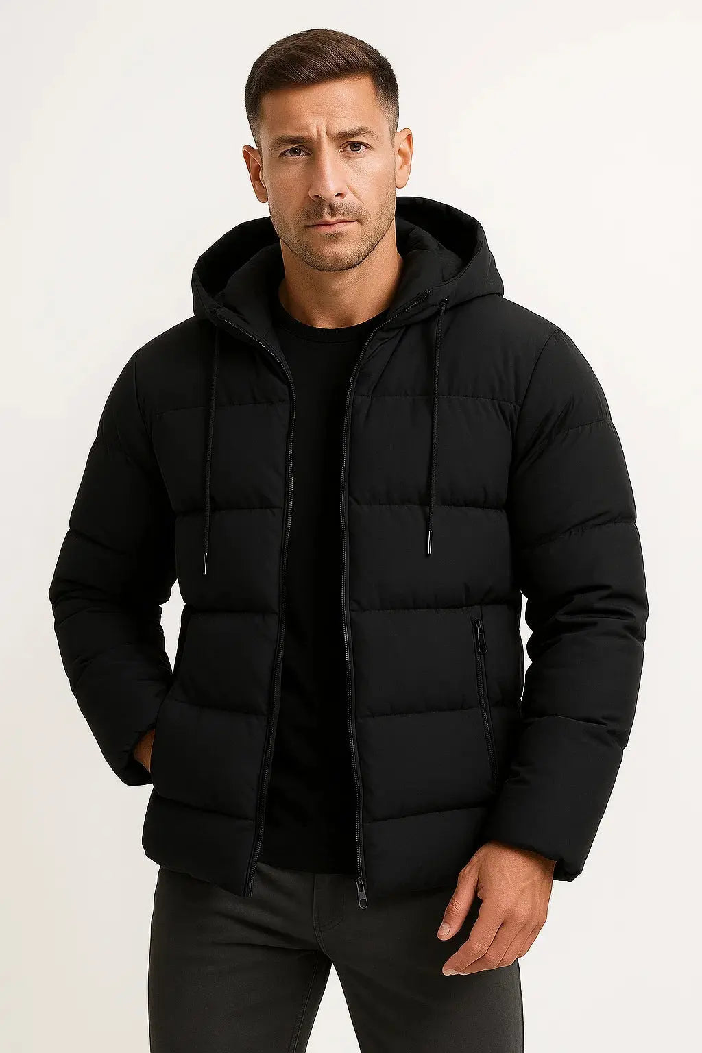 Gray insulated men's winter coat with a hood. Durable outdoor outerwear for extreme cold protection.