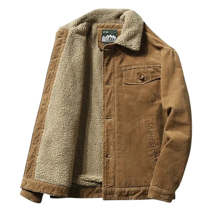 Stylish men's button-up trucker jacket, insulated for warmth, ideal for fall & winter outerwear fashion.