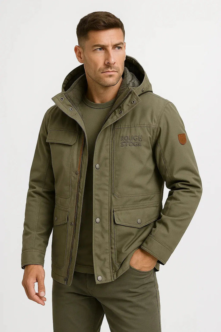Men's insulated waterproof puffer jacket for cold weather outdoor adventures & hiking.