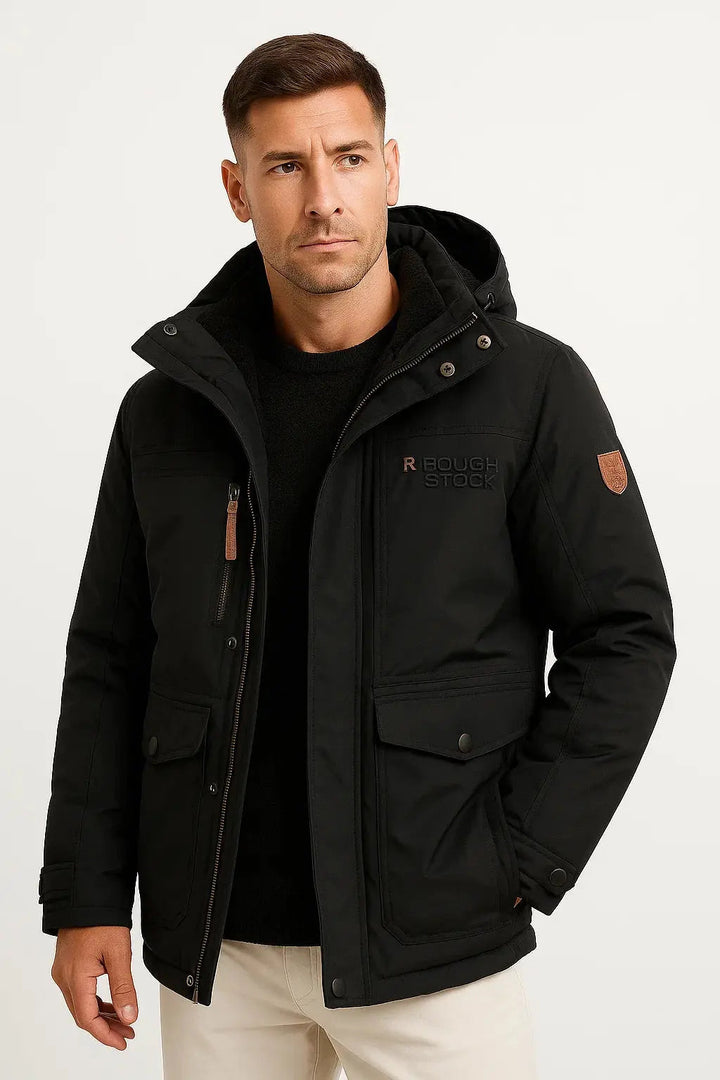 Rugged men's insulated puffer jacket. Waterproof, windproof, breathable for winter outdoor activities.
