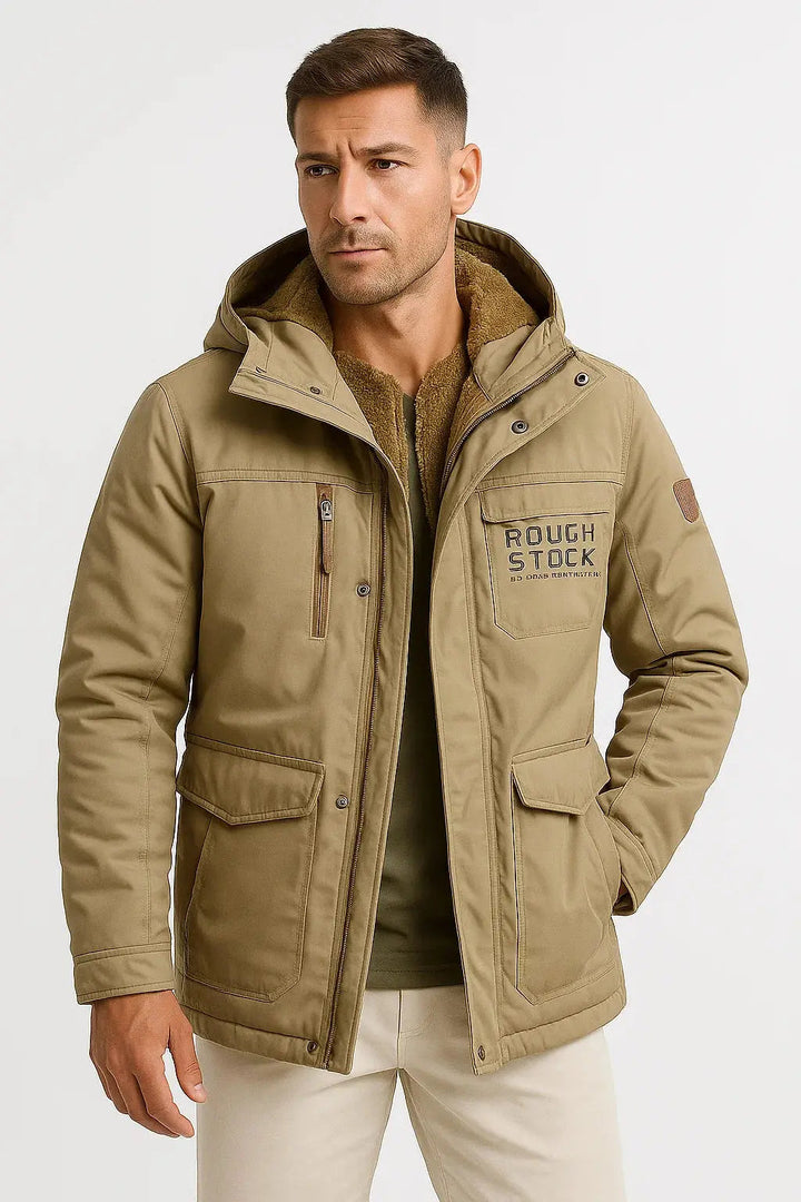 Stylish men's insulated waterproof outerwear, ideal for hiking, camping, and cold weather protection.