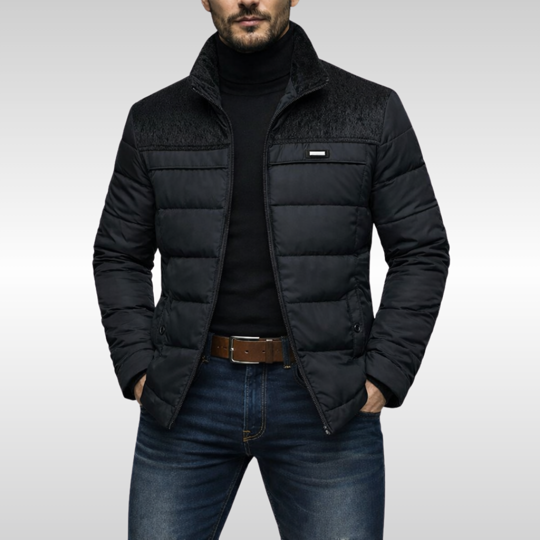 Stylish men's insulated winter coat, designed for ultimate warmth and weather resistance in cold conditions.