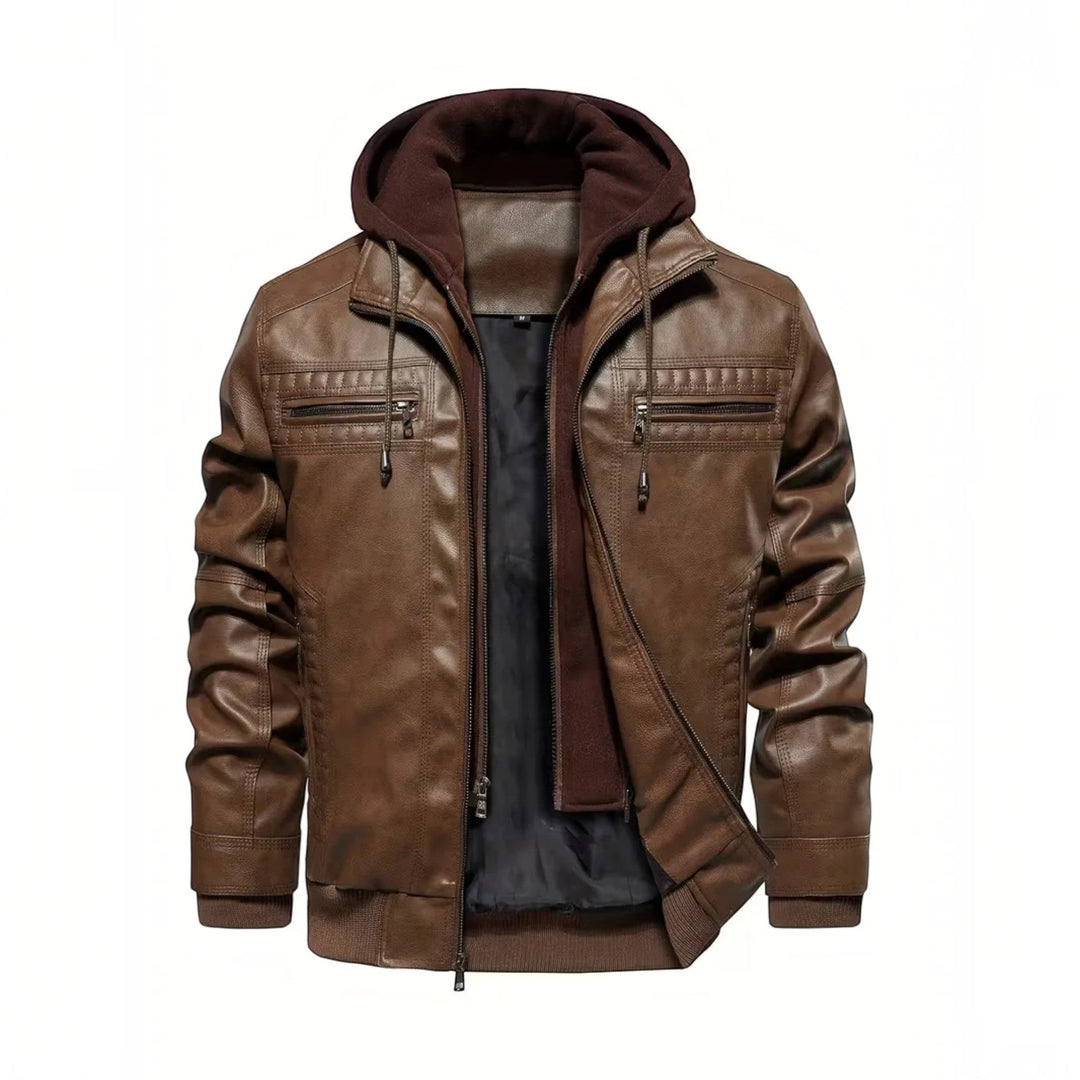 Men's Isaac black leather look bomber jacket with a hood, front zip, and ribbed cuffs. Stylish outerwear.