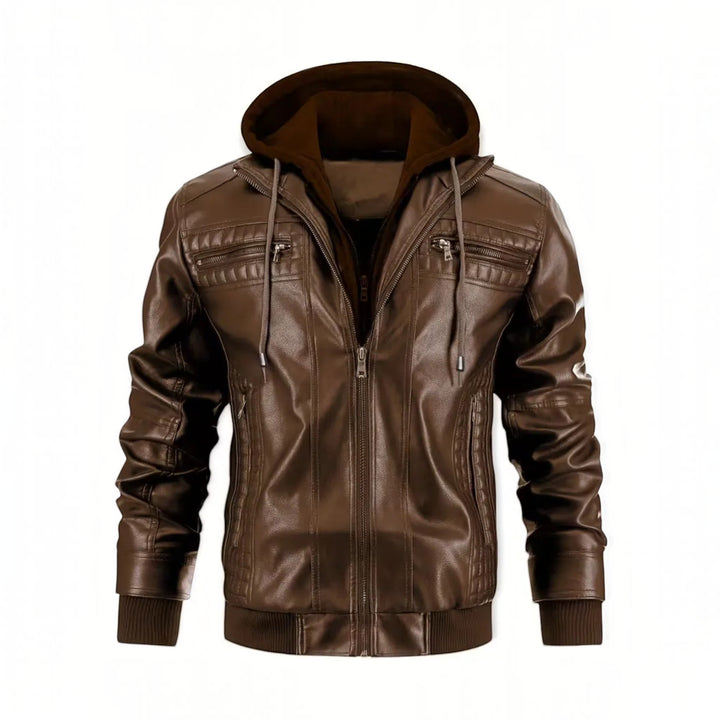 Dark brown men's Isaac bomber jacket. Faux leather with hood, front zip, and practical pockets. Modern casual outerwear.