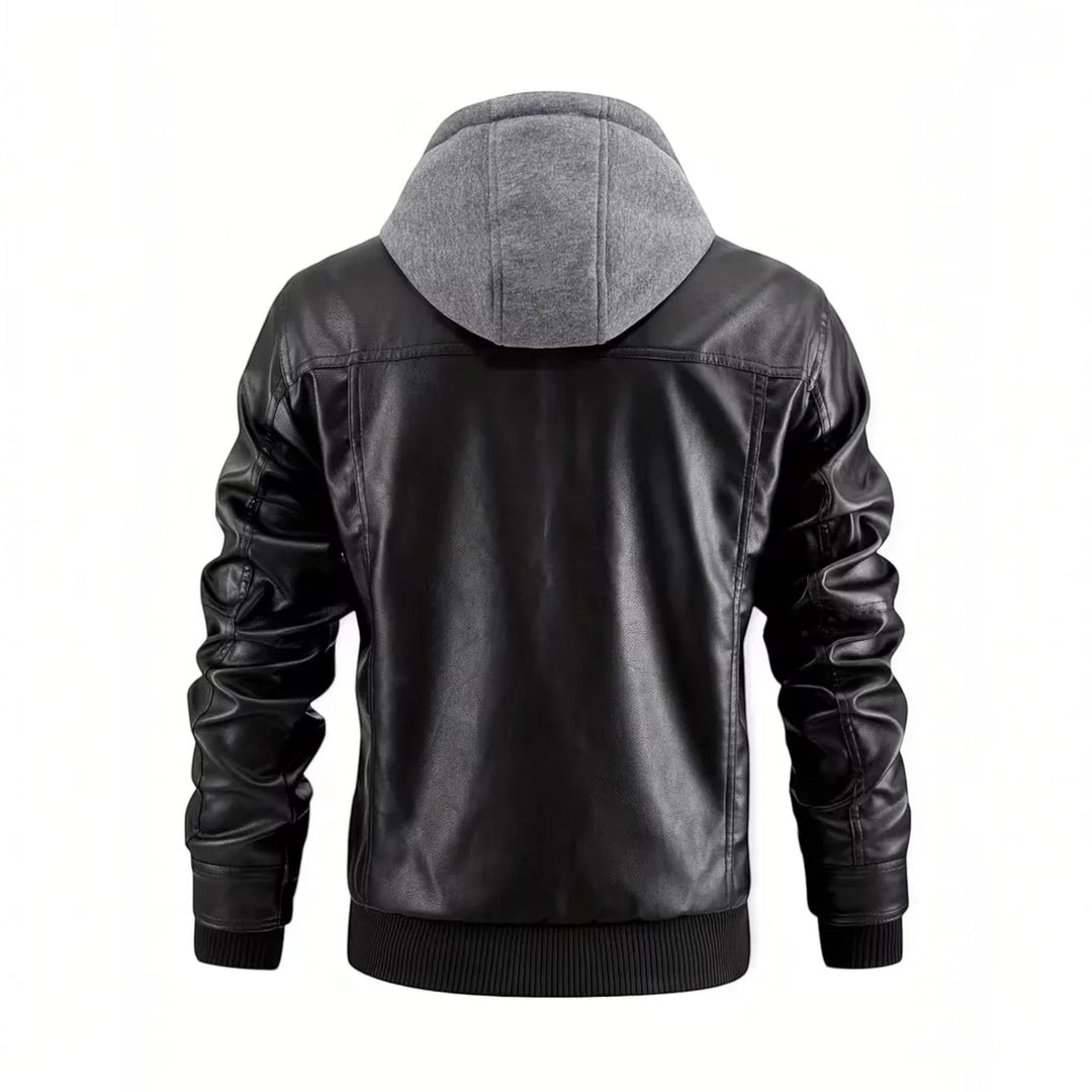 Stylish men's leather look bomber jacket with hood. Isaac design, perfect for casual outfits. Faux leather zip-up.