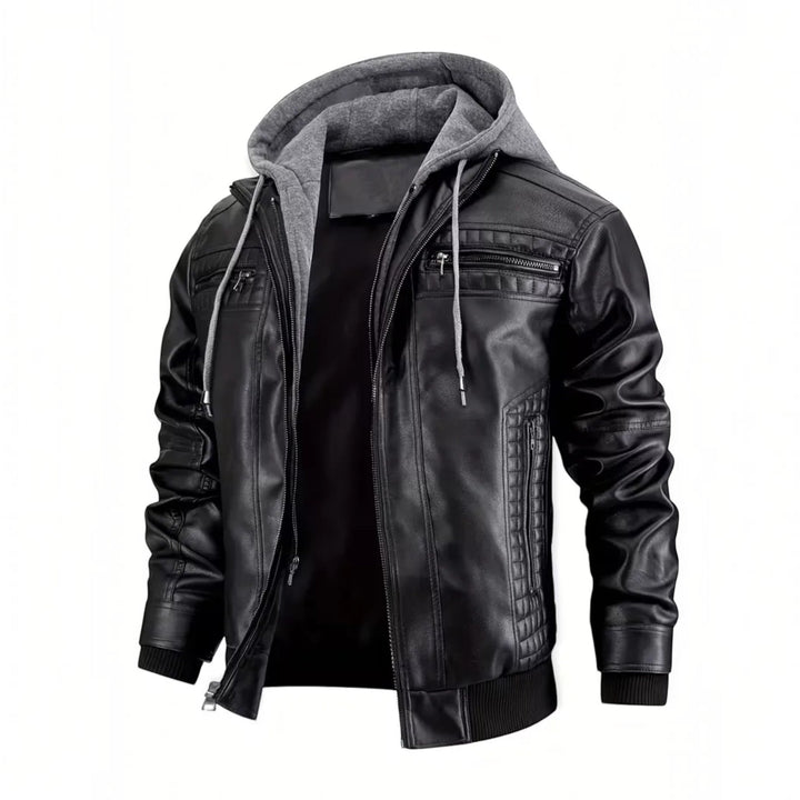 Dark brown men's hooded leather look bomber jacket. Isaac style, full zip closure, comfortable faux leather material.