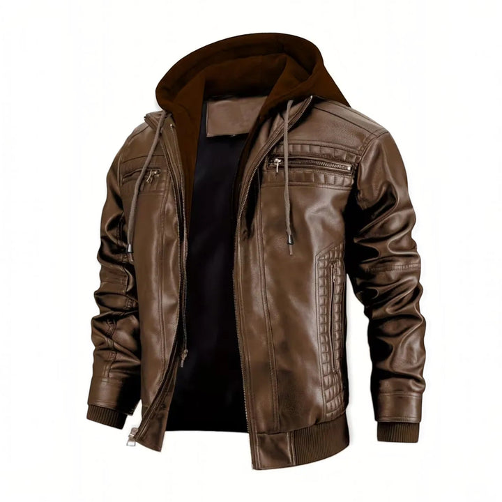 Men's casual Isaac bomber jacket in leather look. Hooded design, front zipper, ideal for stylish men's outerwear.