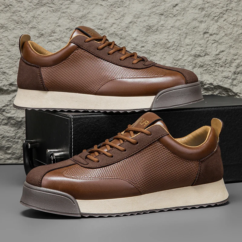 Brown Italian style men's sneakers. Premium leather casual shoes for versatile fashion & comfort.