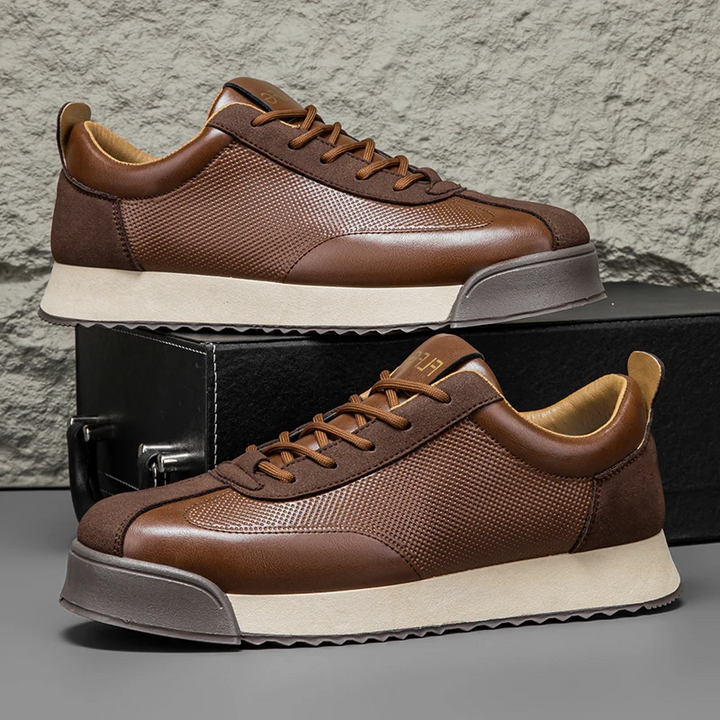 Brown Italian style men's sneakers. Premium leather casual shoes for versatile fashion & comfort.