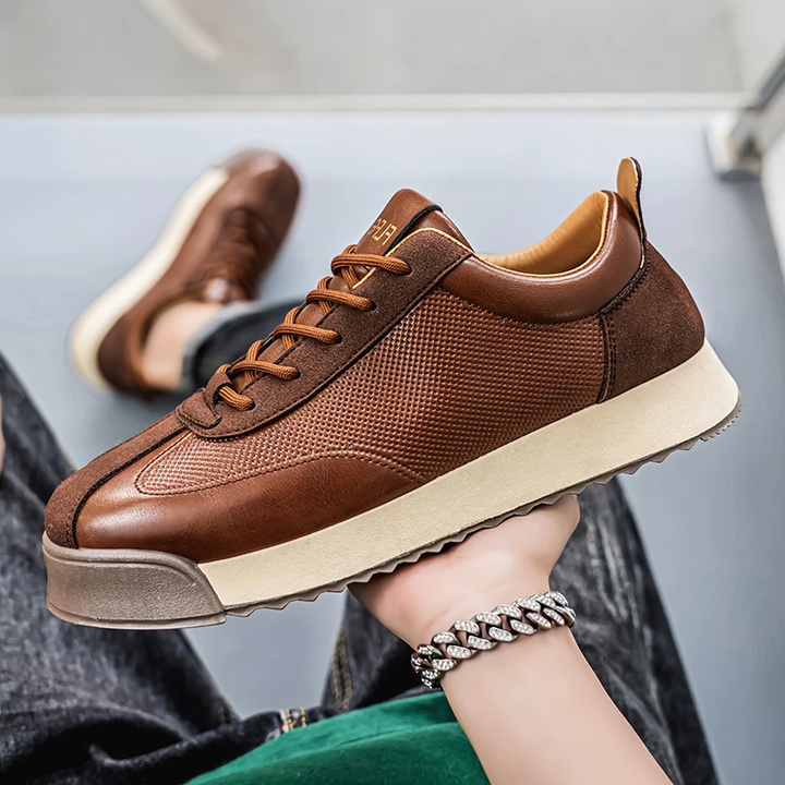 Comfortable men's Italian sneakers. Stylish brown leather shoes for versatile everyday wear & smart casual outfits.