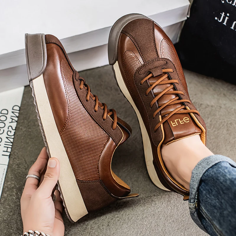 Men's Italian style fashion sneakers on feet. Versatile brown casual shoes for smart casual & everyday wear.