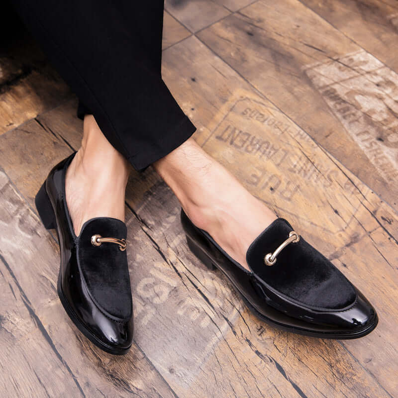 Luxurious material texture on men's Italian style slip-on dress loafers, perfect for formal events.