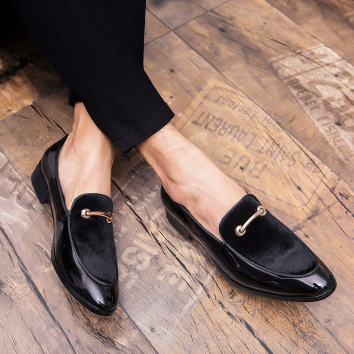Luxurious material texture on men's Italian style slip-on dress loafers, perfect for formal events.