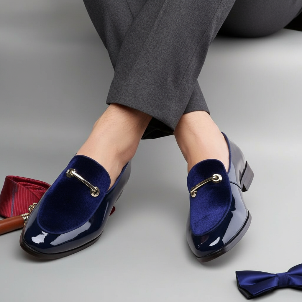Close-up of luxurious men's Italian style dress loafers, ideal elegant footwear for gala attire.