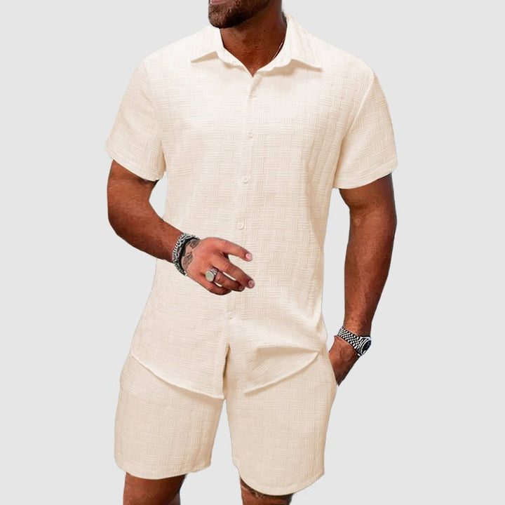 Men's jacquard two-piece set for summer. Includes a short sleeve shirt & matching shorts, perfect for casual style & comfort.