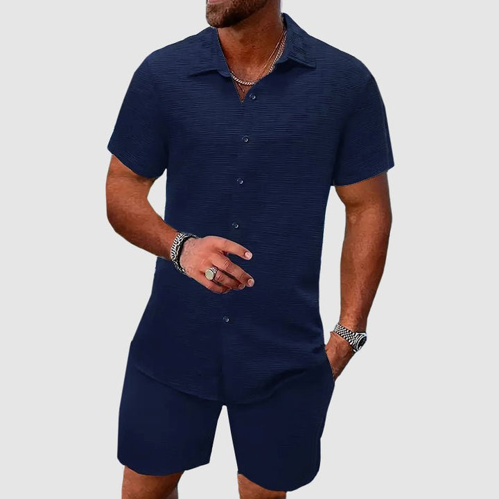 Stylish men's jacquard short sleeve shirt and matching shorts set. Comfortable two-piece summer outfit for men.