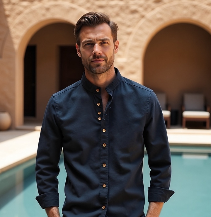 Stylish men's minimalist button-up shirt with subtle Katana-inspired Japanese design for casual wear.
