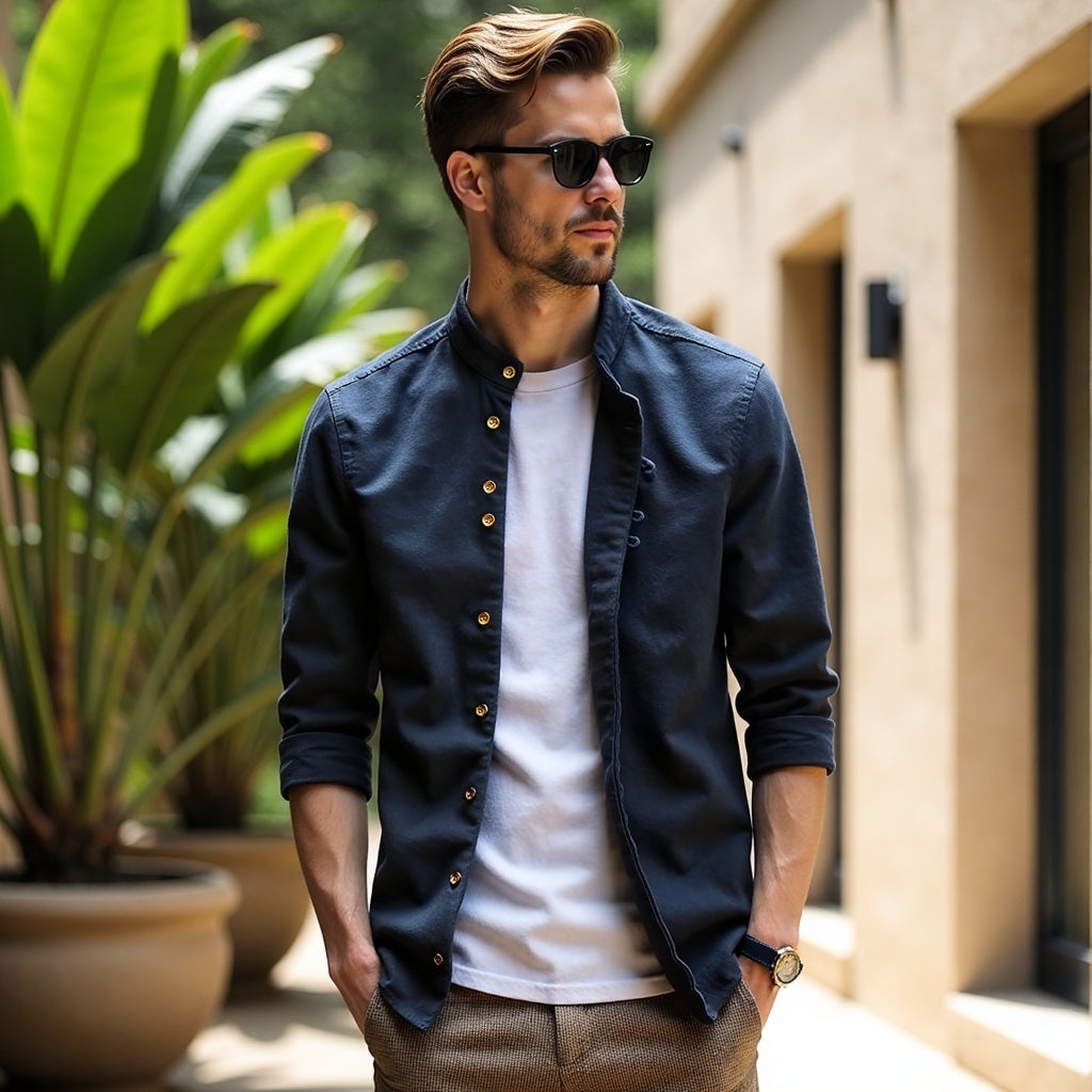 Streetwear men's shirt, minimalist design, with unique Japanese style and a comfortable modern fit.