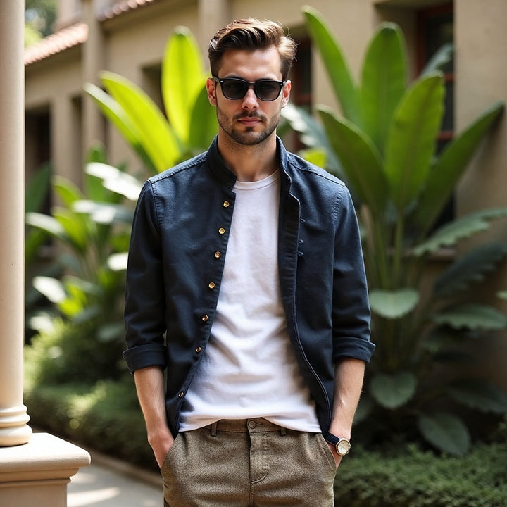 Cultural fashion men's shirt, modern fit button-up, with subtle Katana styling for a unique look.