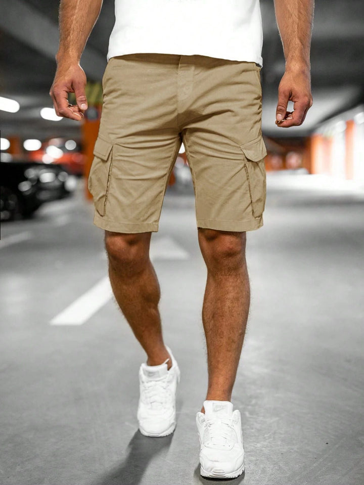 Stylish men's black cargo shorts, multi-pocket design, adjustable waist for versatile summer fashion & outdoor comfort.