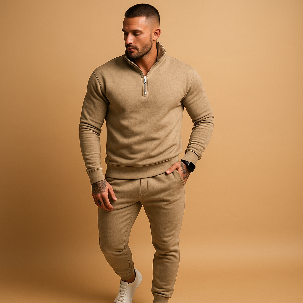 Men's khaki half-zip tracksuit set for ultimate comfort, ideal for activewear & casual wear.