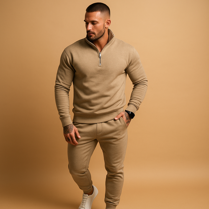 Men's khaki half-zip tracksuit set for ultimate comfort, ideal for activewear & casual wear.