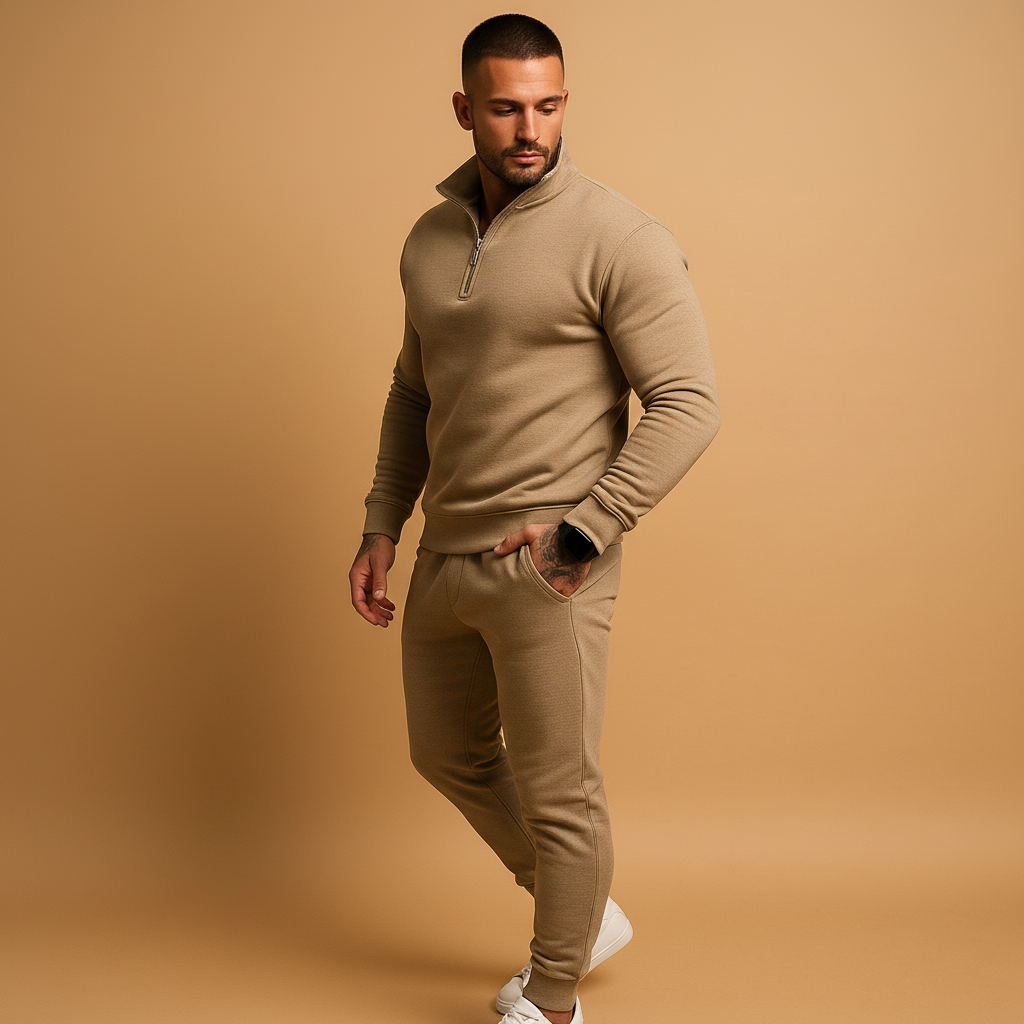 Athletic grey half-zip jogger tracksuit set, comfortable sportswear for men, perfect for workouts.