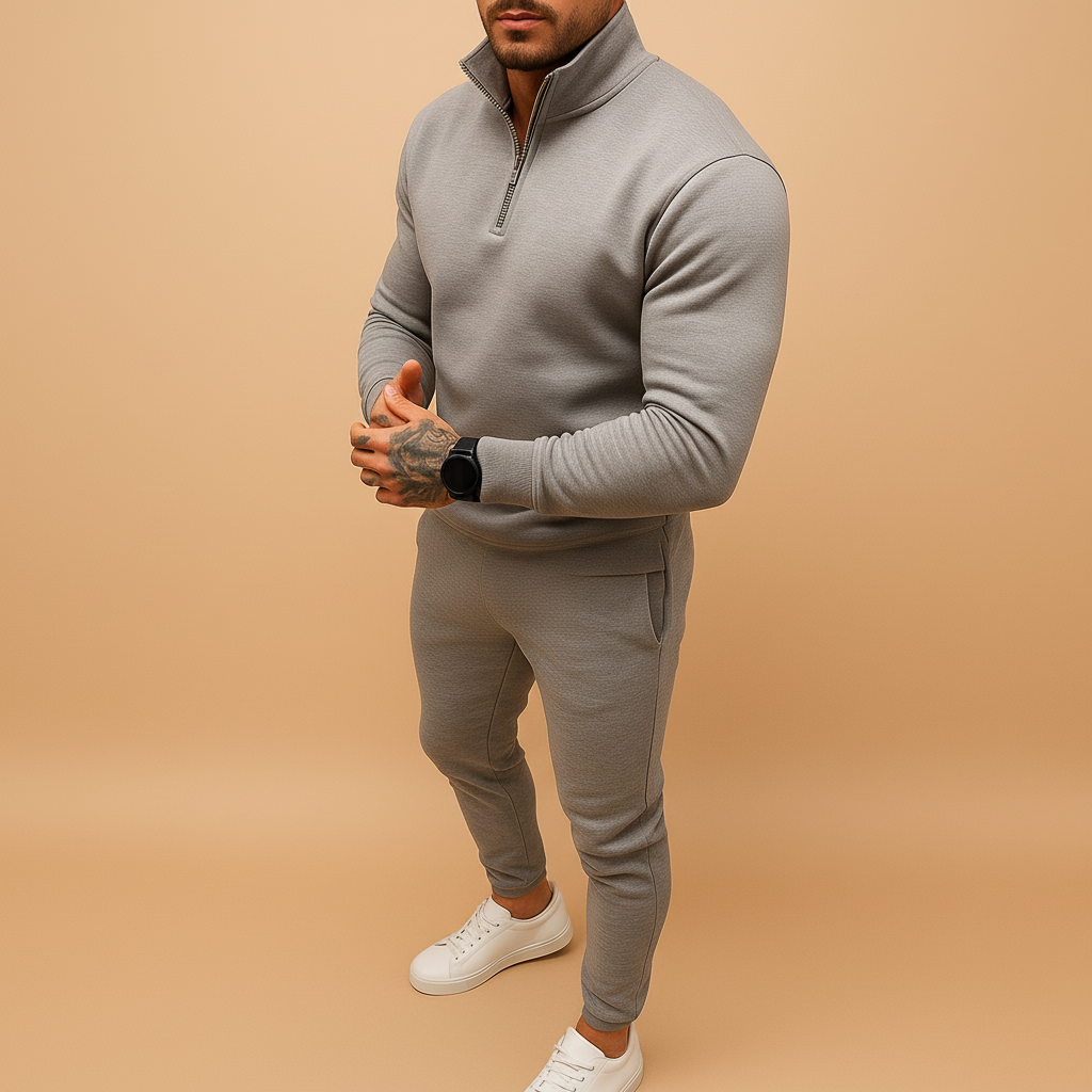 White men's half-zip tracksuit set, versatile for activewear, relaxation, or ultimate casual style.