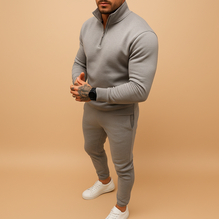 White men's half-zip tracksuit set, versatile for activewear, relaxation, or ultimate casual style.