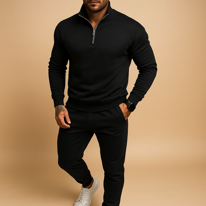 Comfortable men's half-zip tracksuit set in various colors, blending style & ease for everyday wear.