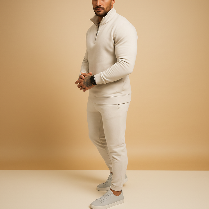 Modern men's half-zip tracksuit set, designed for style, comfort, and versatility in any setting.