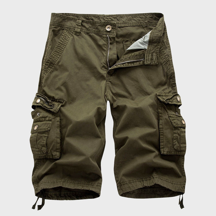 Versatile men's multi-pocket cargo shorts with adjustable drawstring hem for comfortable everyday & outdoor use.