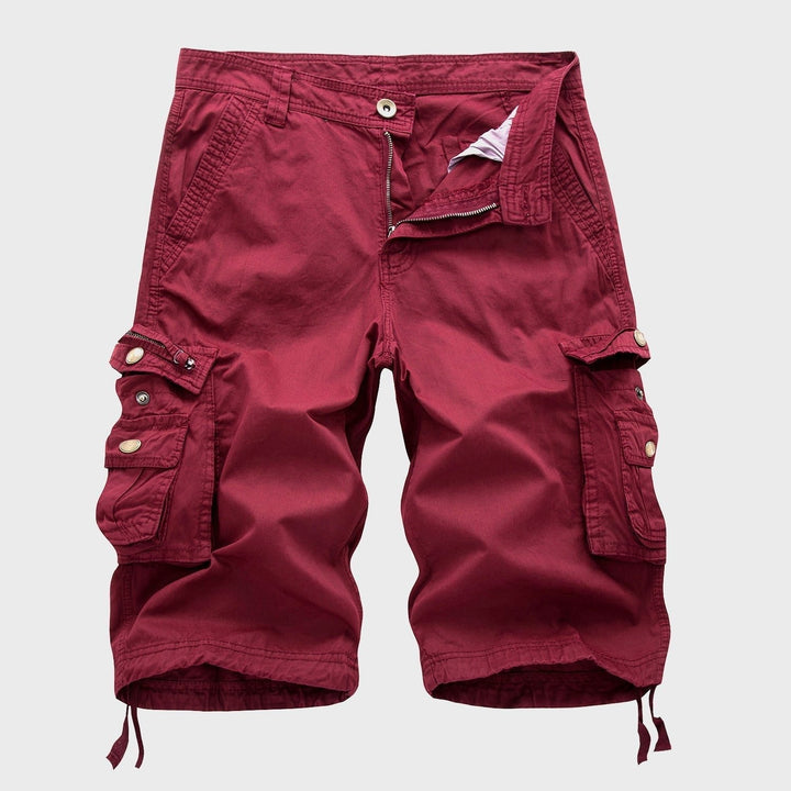 Durable men's multi-pocket knee-length shorts featuring a functional drawstring hem, great for active summer days.