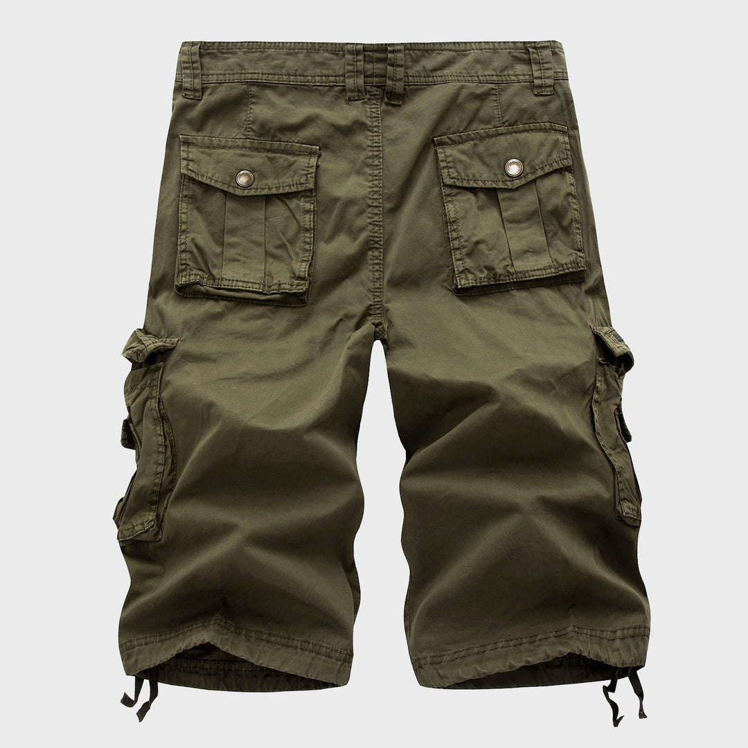 Front view of men's knee-length cargo shorts, multi-pocket design with a flexible drawstring hem for casual fashion.