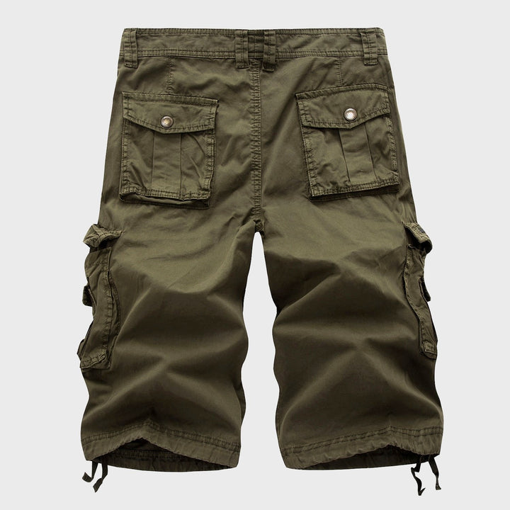 Front view of men's knee-length cargo shorts, multi-pocket design with a flexible drawstring hem for casual fashion.