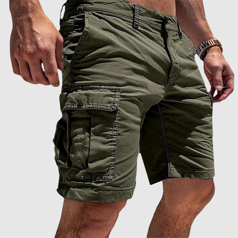 Durable men's cargo shorts, knee-length, with secure flap pockets, ideal for outdoor activities, travel, and summer adventures.