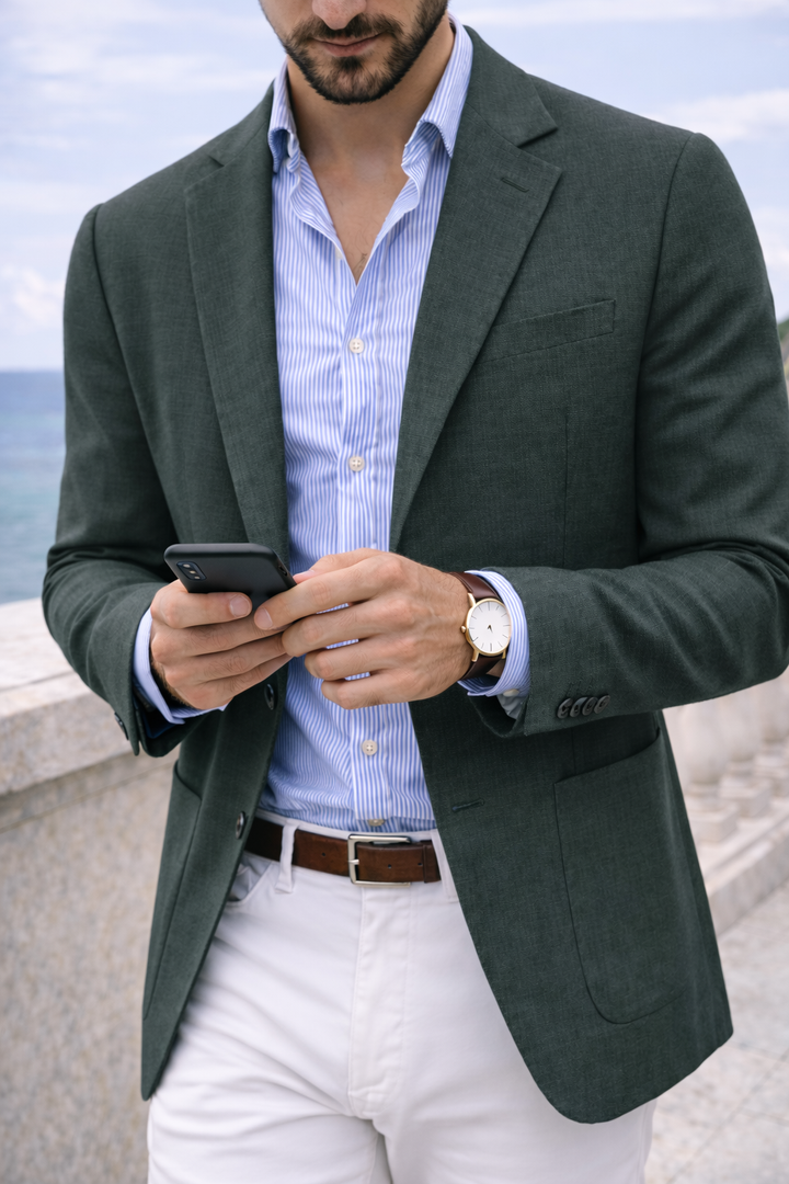 Back view of a comfortable men's knit blazer, showcasing its tailored smart casual design for men's fashion.