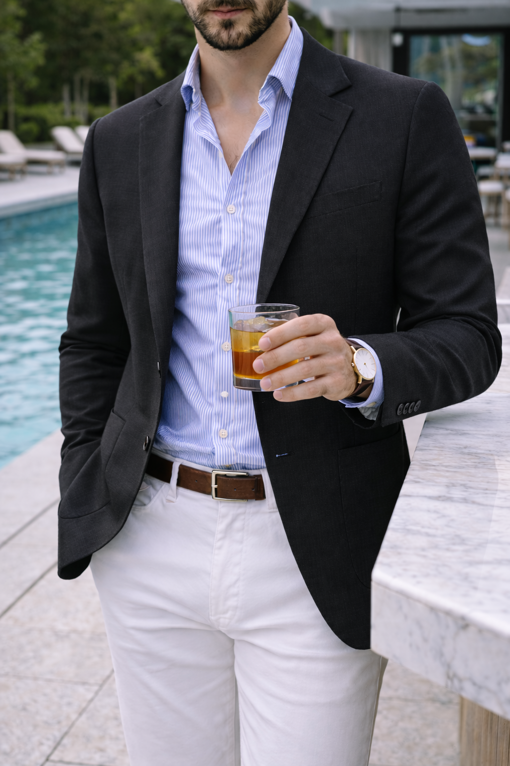 Front view of an open men's knit blazer, ideal for a relaxed yet stylish smart casual outfit.