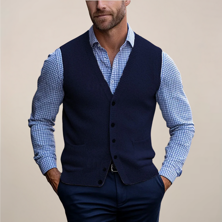 Men's sleeveless knit vest, a lightweight and versatile layering sweater. Ribbed design for casual or office wear.