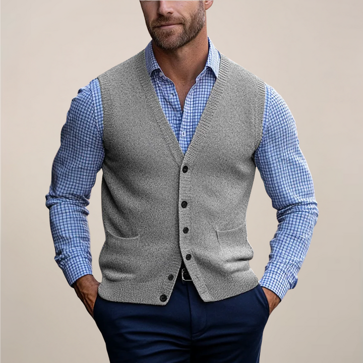 All-season men's sleeveless vest sweater. Lightweight knit layer, perfect for smart casual and everyday comfort.
