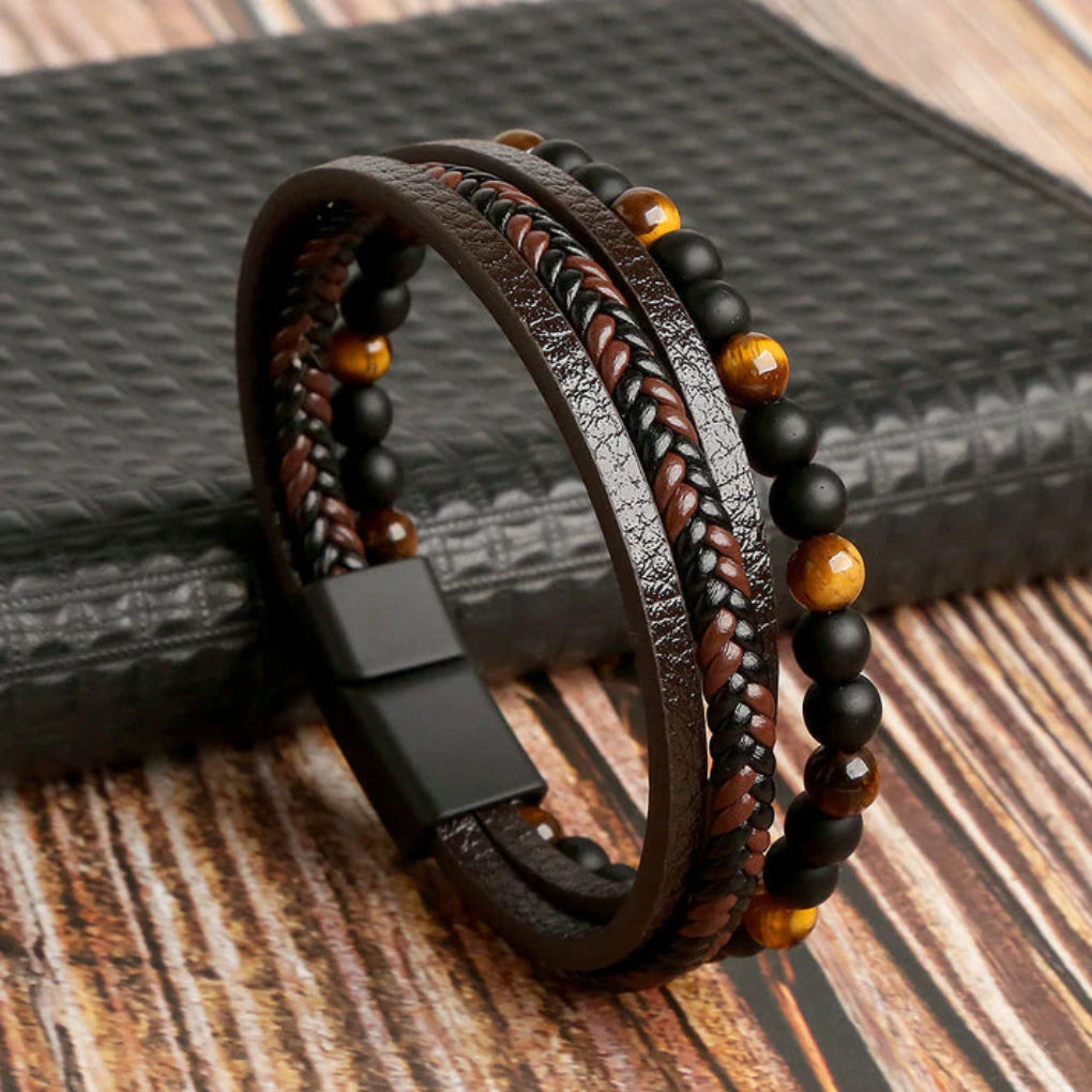 Men's layered leather & natural stone bead bracelet with magnetic clasp. Urban fashion accessory, great gift for him.