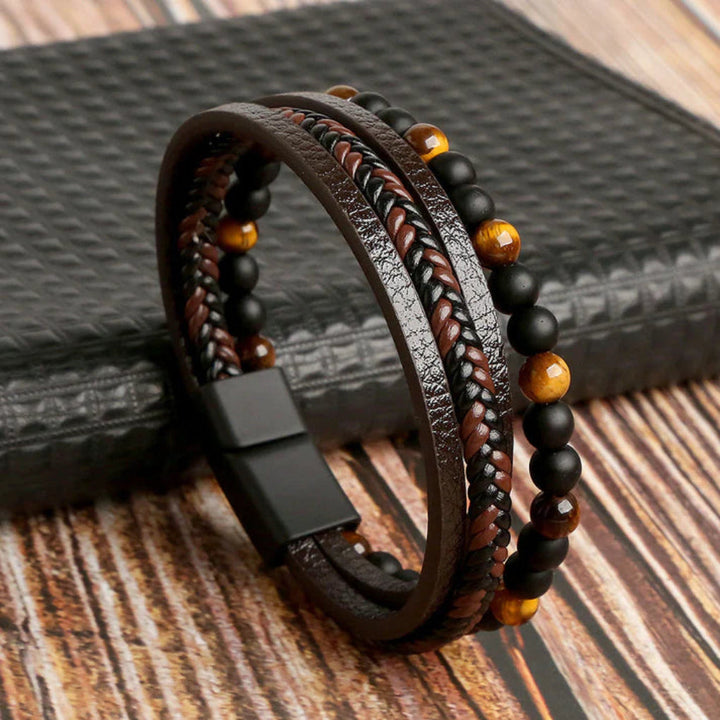 Men's layered leather & natural stone bead bracelet with magnetic clasp. Urban fashion accessory, great gift for him.