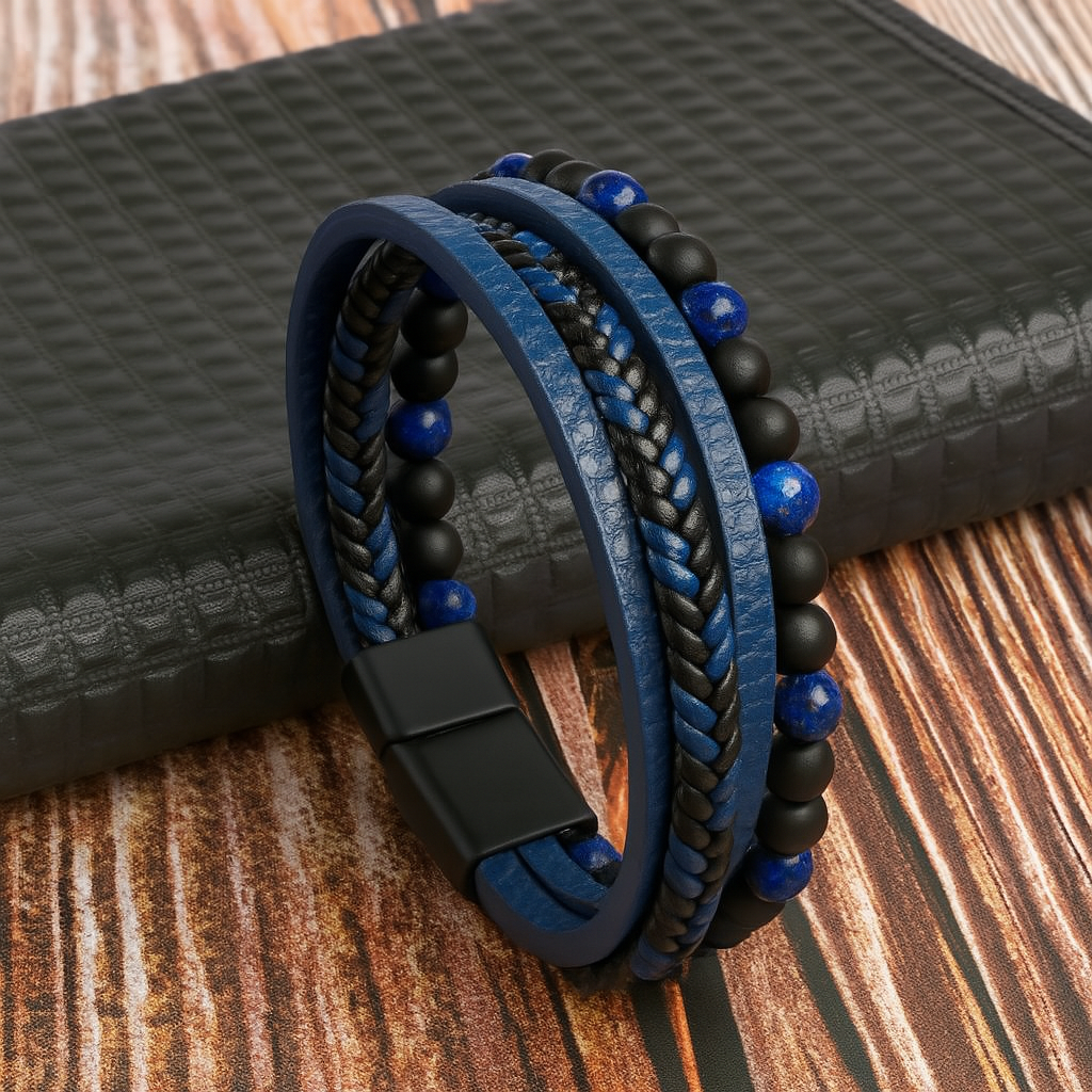 Durable men's layered leather bracelet featuring stone beads & secure magnetic clasp. Essential mens accessory.