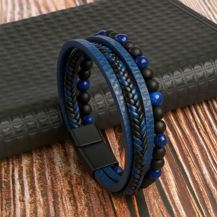 Durable men's layered leather bracelet featuring stone beads & secure magnetic clasp. Essential mens accessory.