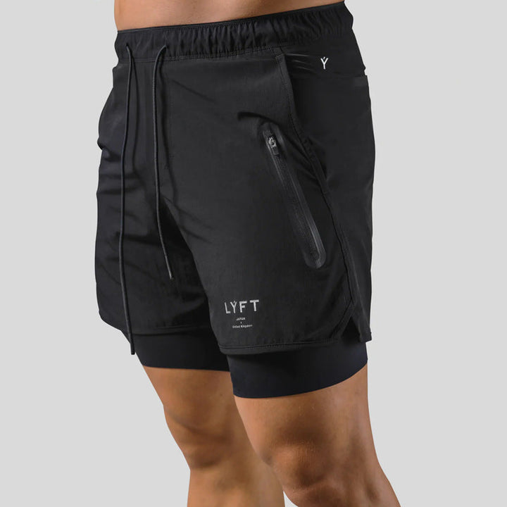 Performance men's running shorts, layered design with a secure zip pocket. Ideal for workouts & athletics.