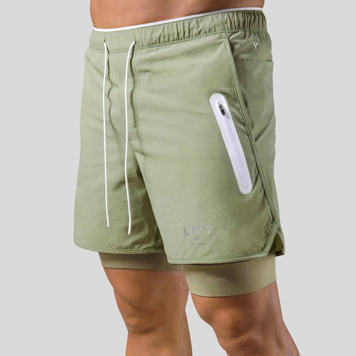 Versatile men's sports shorts, layered with a secure zip pocket for an active lifestyle and performance.