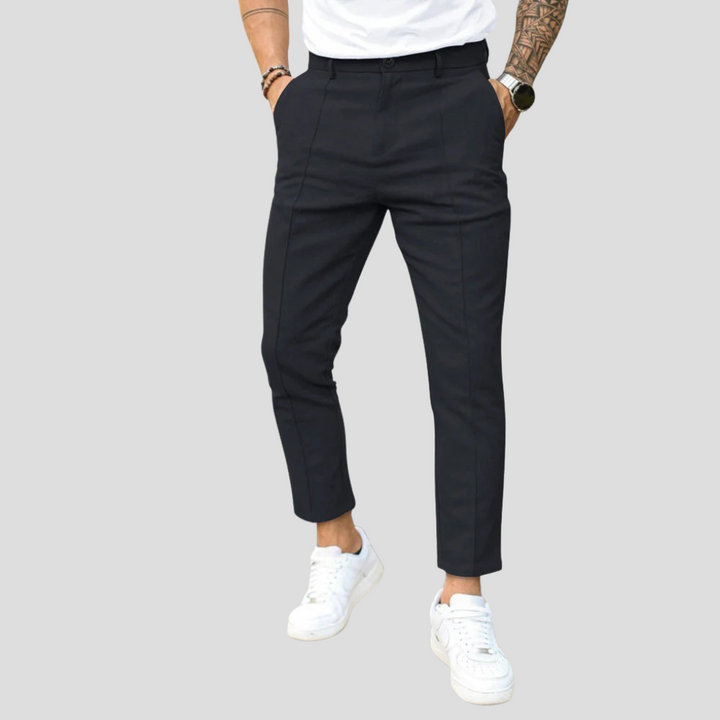 Men's leisure trousers, perfect for smart casual & everyday wear. Comfortable straight-leg pants with elastic waist.