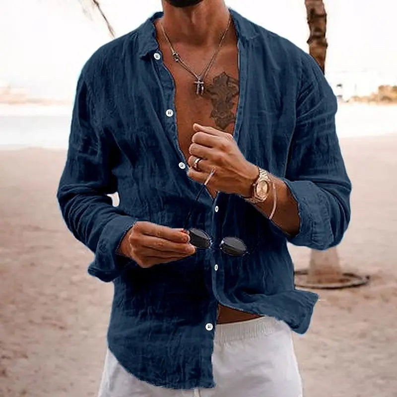 Men's light blue long sleeve casual beach shirt for summer comfort, relaxed fit & button-front.