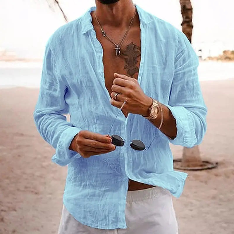 Stylish men's navy blue long sleeve beach shirt, perfect for summer holidays & casual wear.